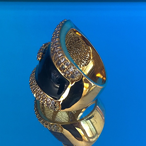 Black Enamel Cubic Zirconia Golden PJM Buckle Ring - Picture 5 of 7